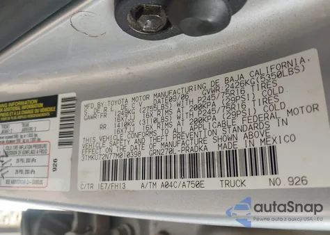 2007 Toyota Tacoma Prerunner V6 from USA, damaged, VIN 3TMKU72N77M010398